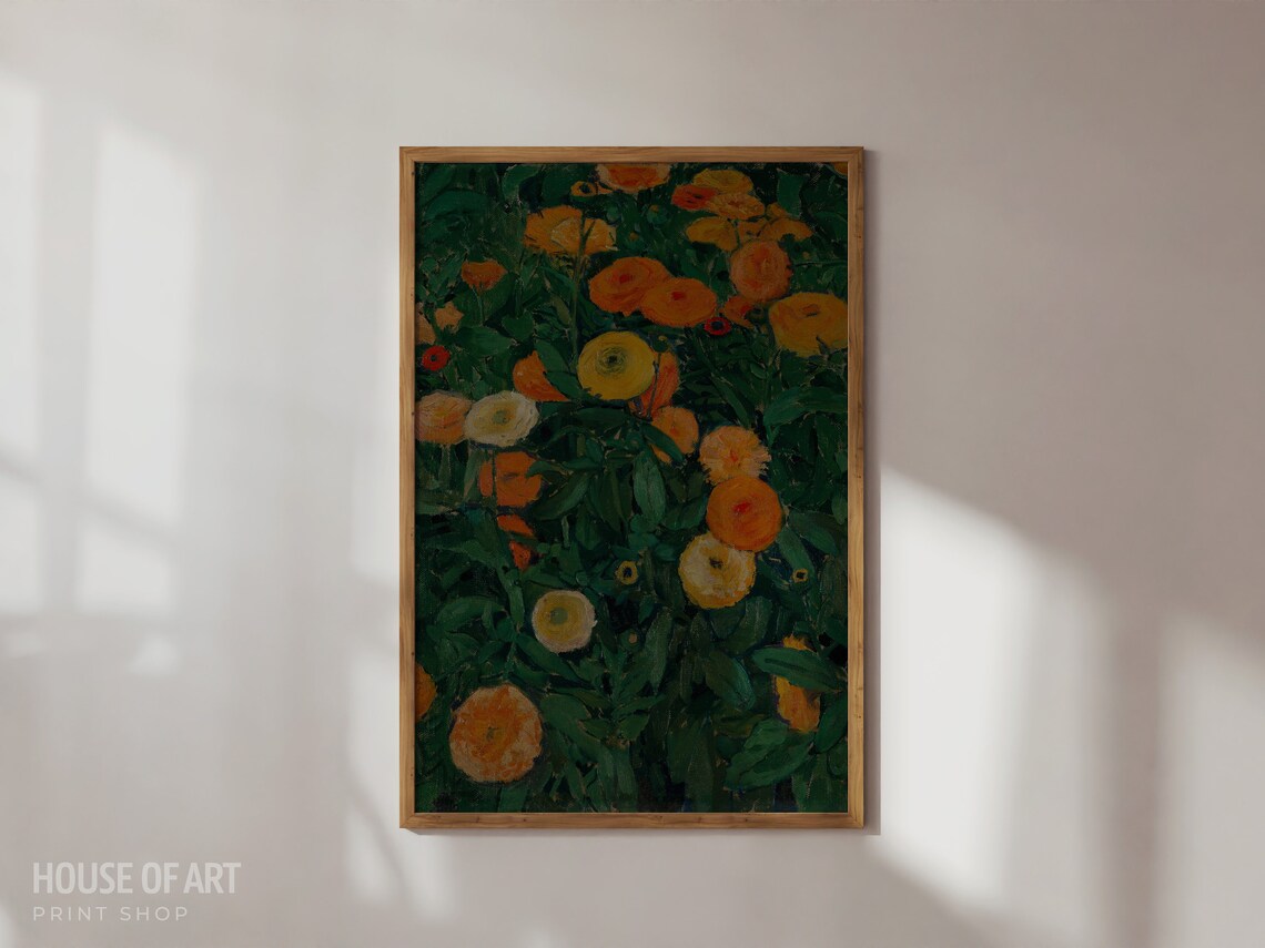 Marigold Garden Orange Yellow Blooms Dark Green Foliage Oil Art Poster