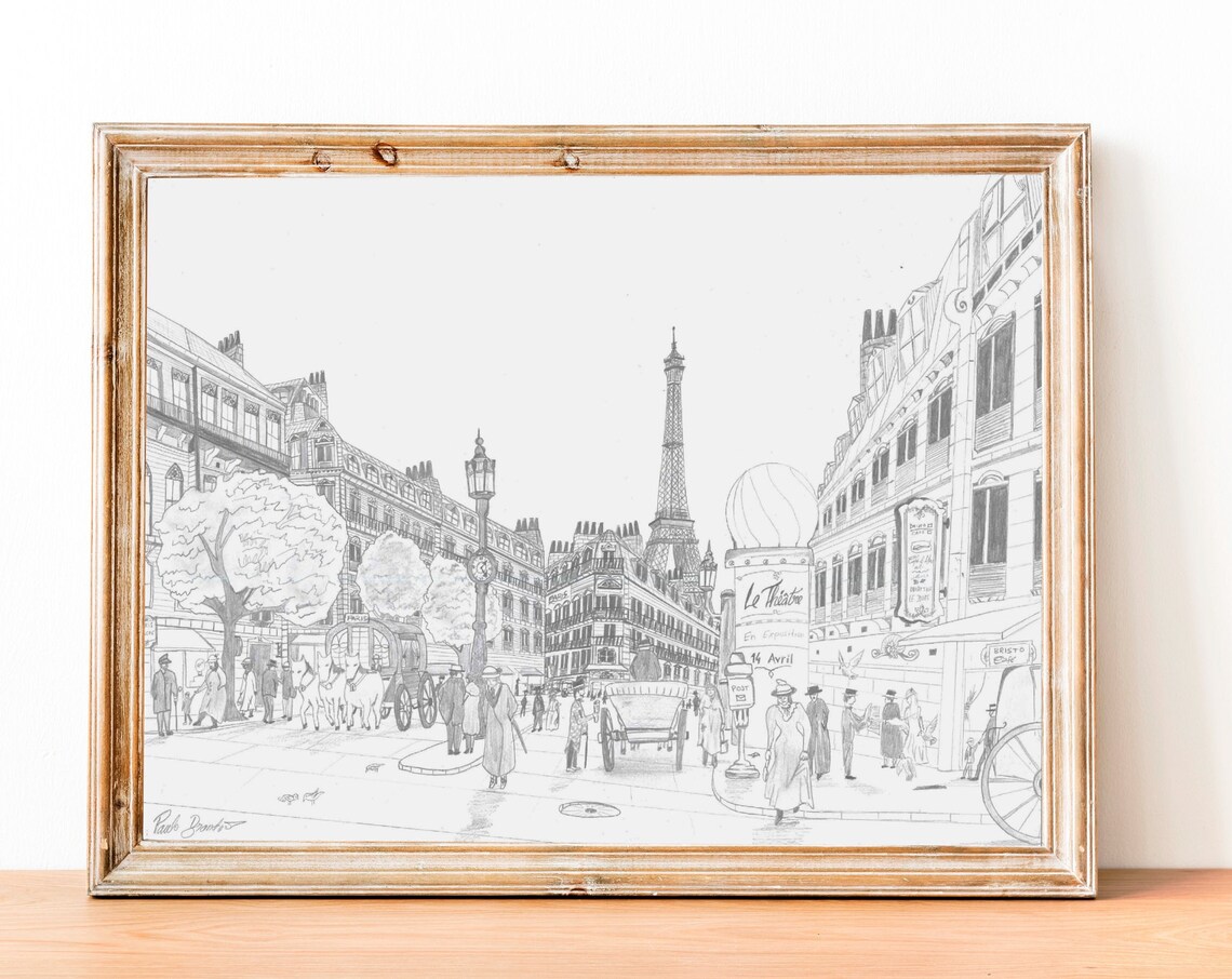 Paris Cityscape Art Print 20th Century Handdrawn Illustration