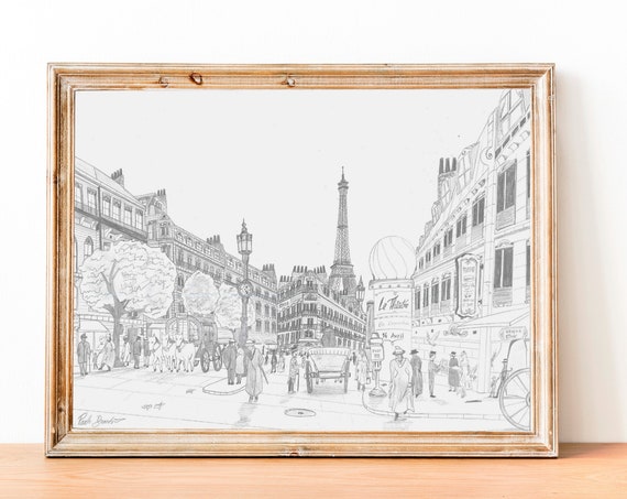 Paris Cityscape Art Print 20th Century Handdrawn Illustration