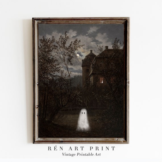 Cute Ghost Art Moody Landscape Halloween Print Spooky Wall Art Antique Ghost Painting Vintage Halloween Wall Decor
