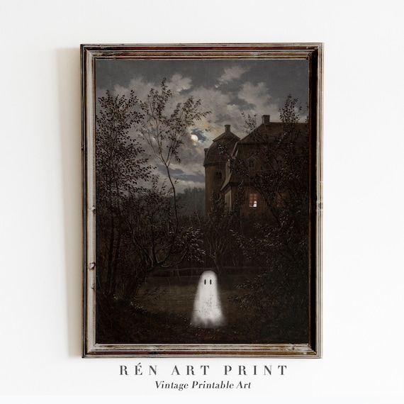 Cute Little Ghost Floating Before Haunted House at Night Poster