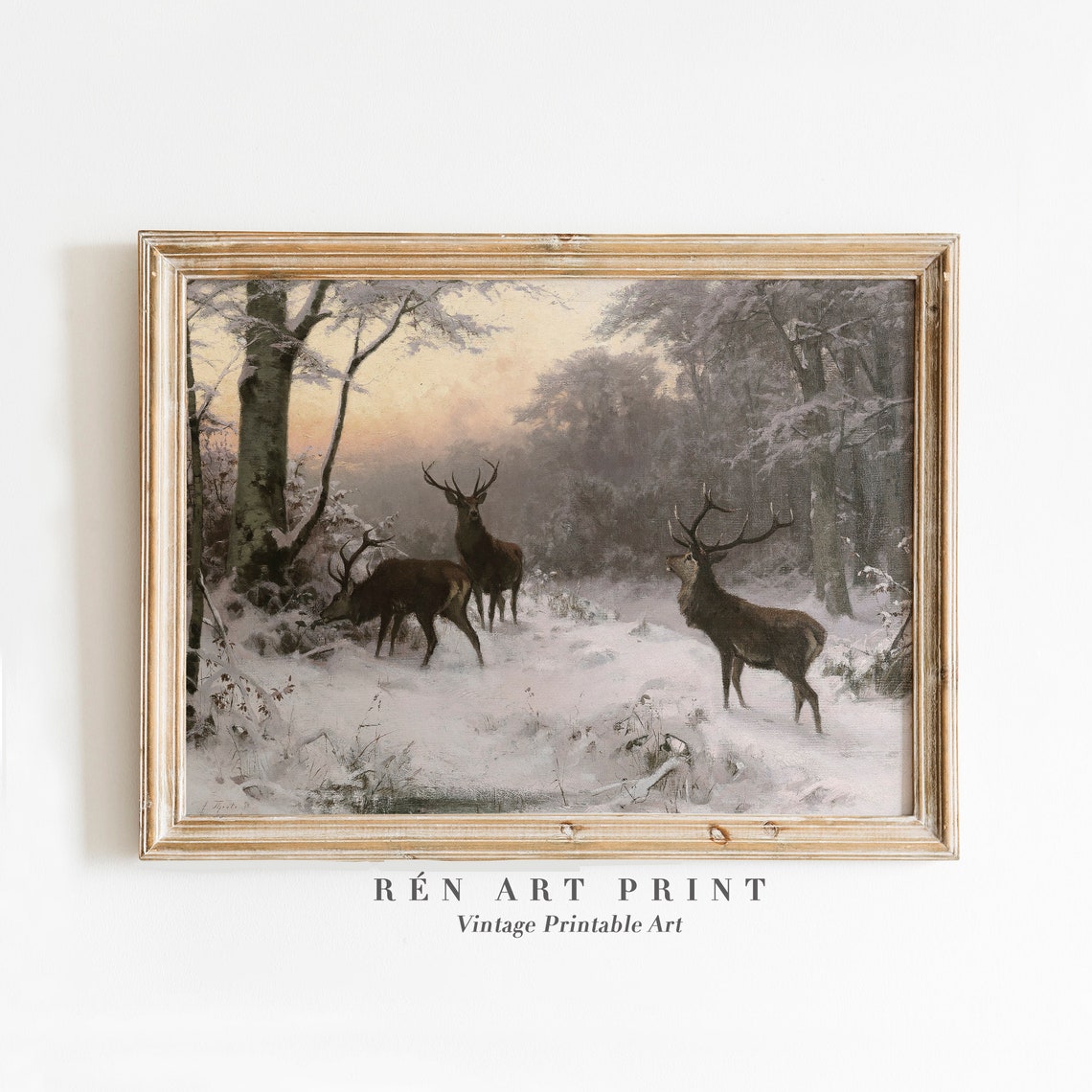 Three Stags in Snowy Winter Forest Vintage Wildlife Art Print
