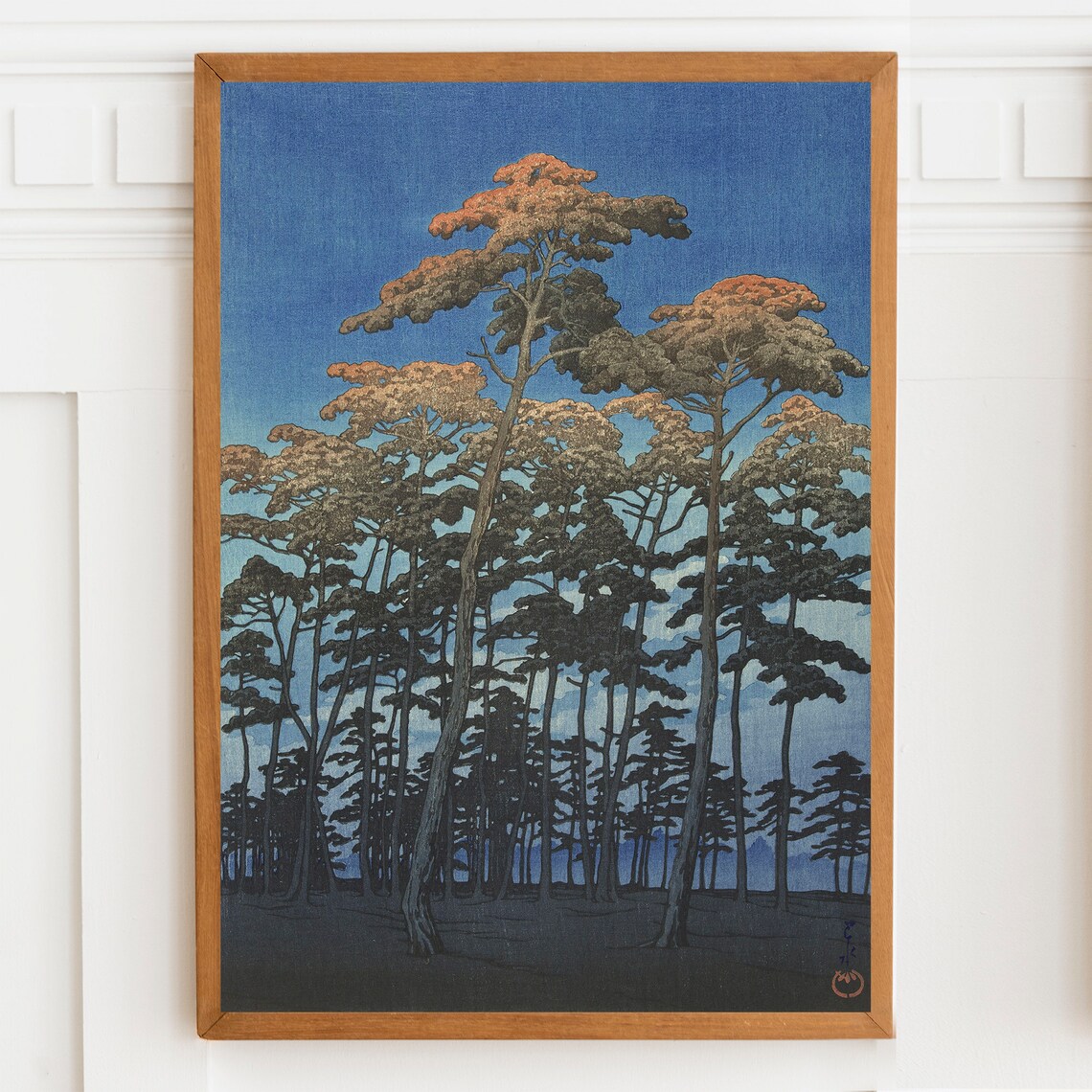 Japanese Woodblock Tall Blue Pine Trees at Dusk Vintage Wall Art - Image 2
