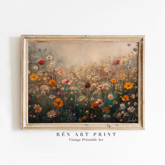 Antique Flower Field, Vintage Floral Landscape Art Print