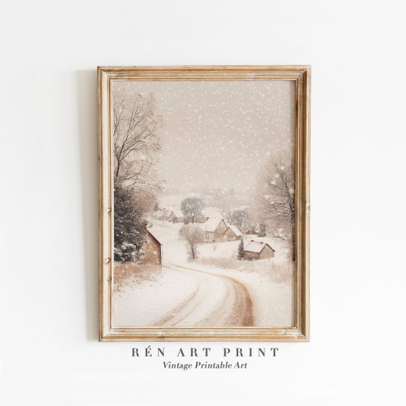 Vintage Winter Landscape, Snowy Village Holiday Art Print