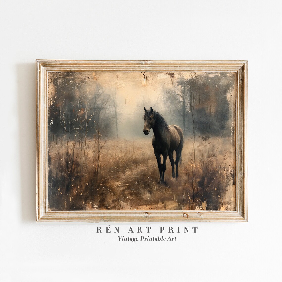 Dark Horse in Misty Autumn Field Rustic Vintage Equestrian Art Print
