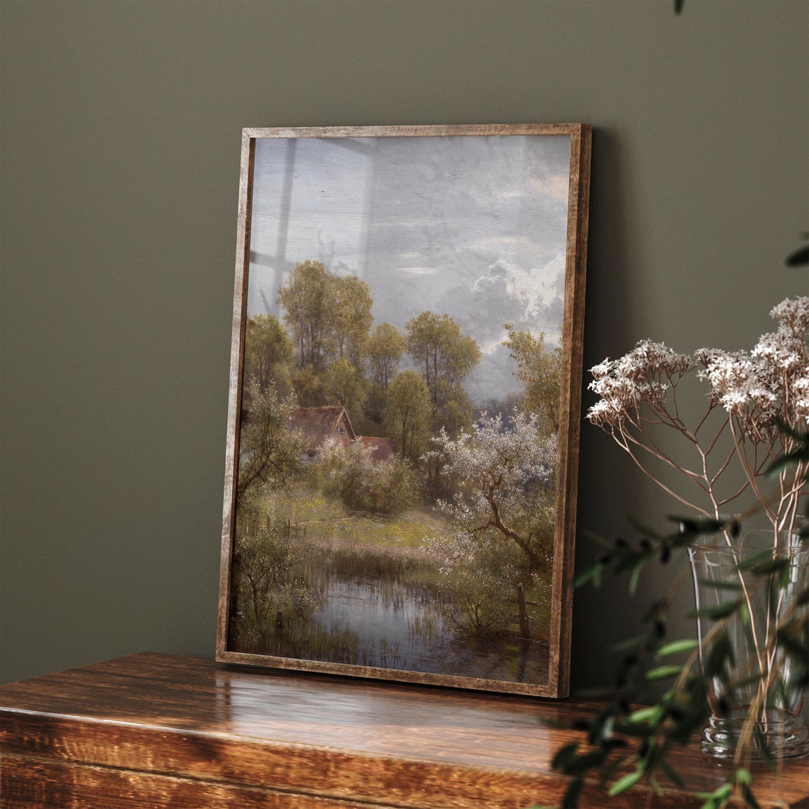 Vintage Countryside Cottage by Pond With Blooming Trees Spring Poster - Image 3