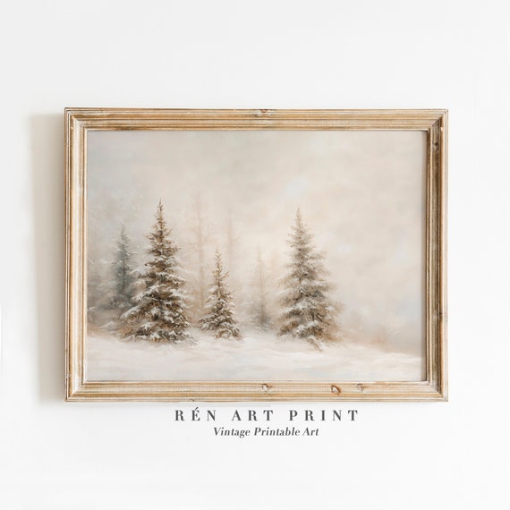 Neutral Christmas Vintage Winter Landscape Art Print
