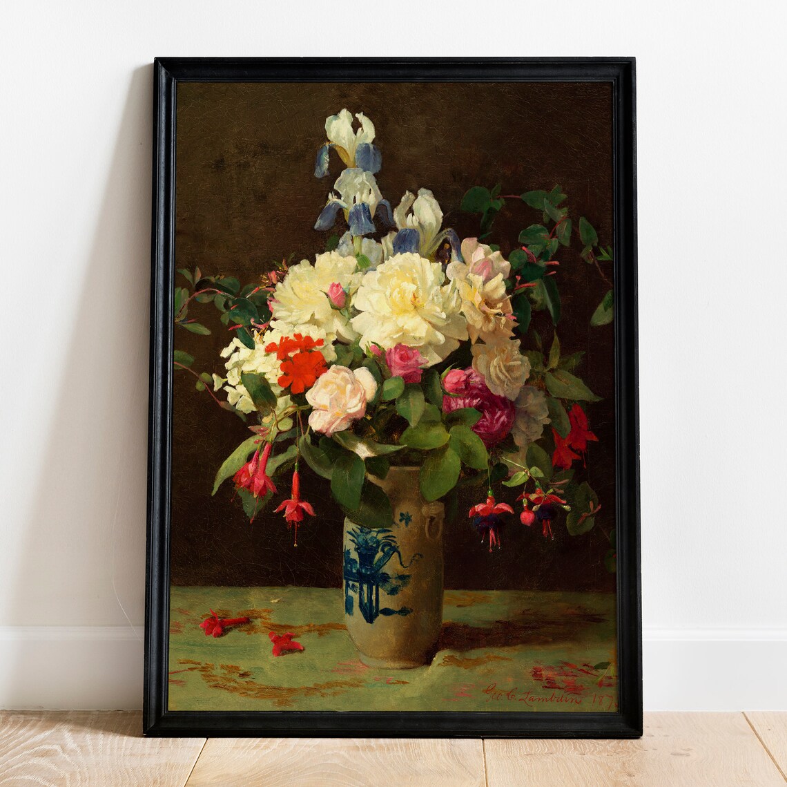 Antique Roses and Irises Floral Still Life Oil Painting Art Poster - Image 2