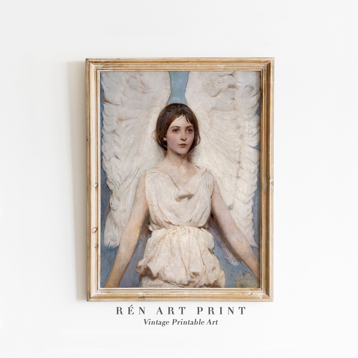 Vintage Angel Portrait White Wings Young Woman Soft Blue Classic Art Poster