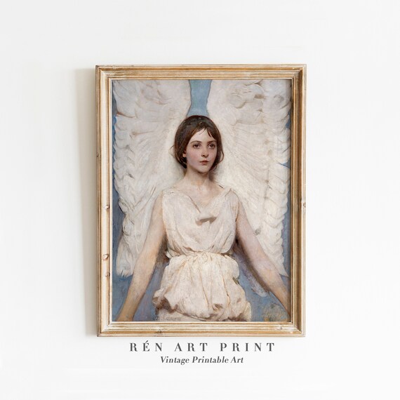 Vintage Angel Portrait White Wings Young Woman Soft Blue Classic Art Poster