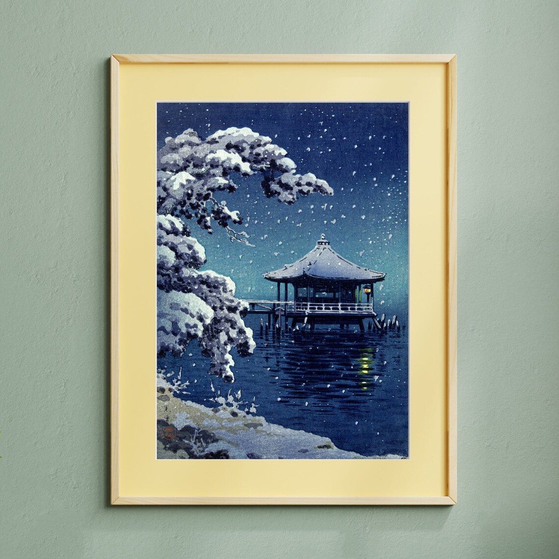 Snowy Pavilion on Water Japanese Woodblock Print Winter Night Scene - Image 2