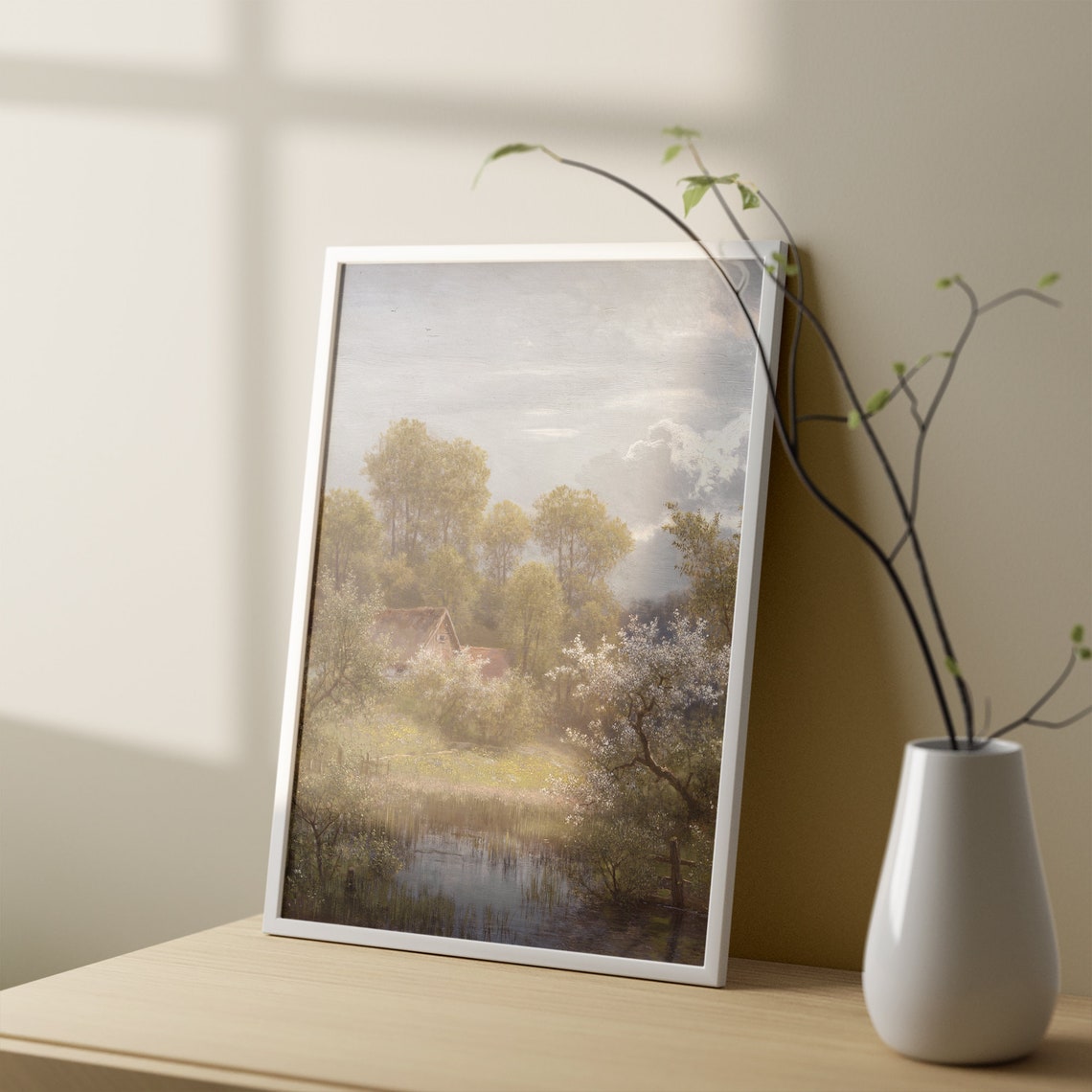 Vintage Countryside Cottage by Pond With Blooming Trees Spring Poster - Image 2