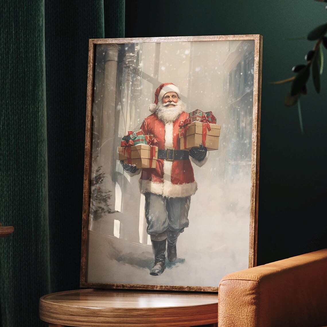 Santa Claus Carrying Gifts Snowy Street Vintage Christmas Print - Image 3