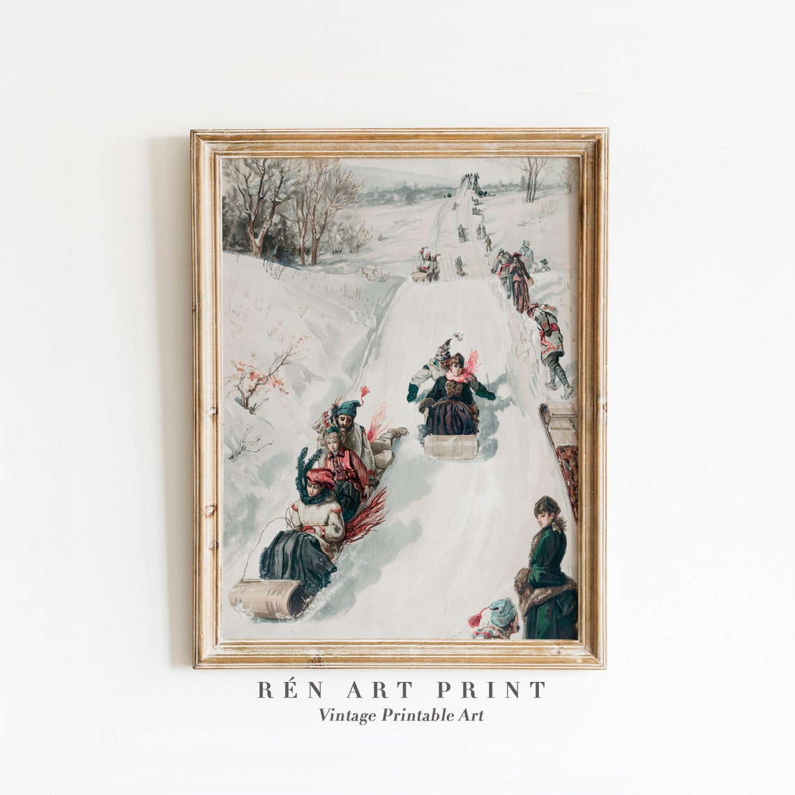 Vintage Sledding Party Snowy Hill Antique Winter Christmas Print