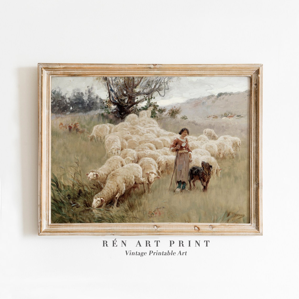 Shepherdess Girl with Sheep Flock and Dog Pastoral Vintage Poster