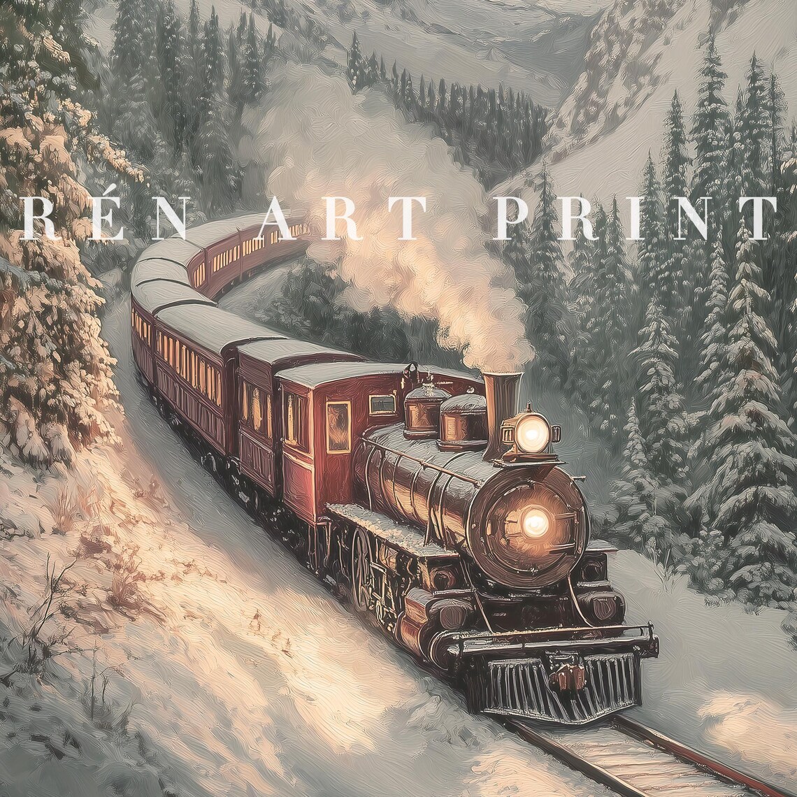 Vintage Winter Train Art Print, Rustic Holiday Landscape - Image 3