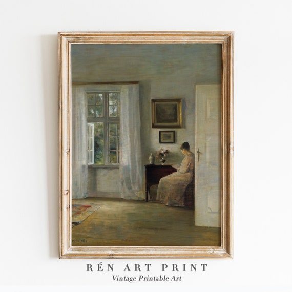 Vintage Woman Reading Wall Art Moody Woman Portrait Painting Print Antique Oil Painting Country Wall Decor