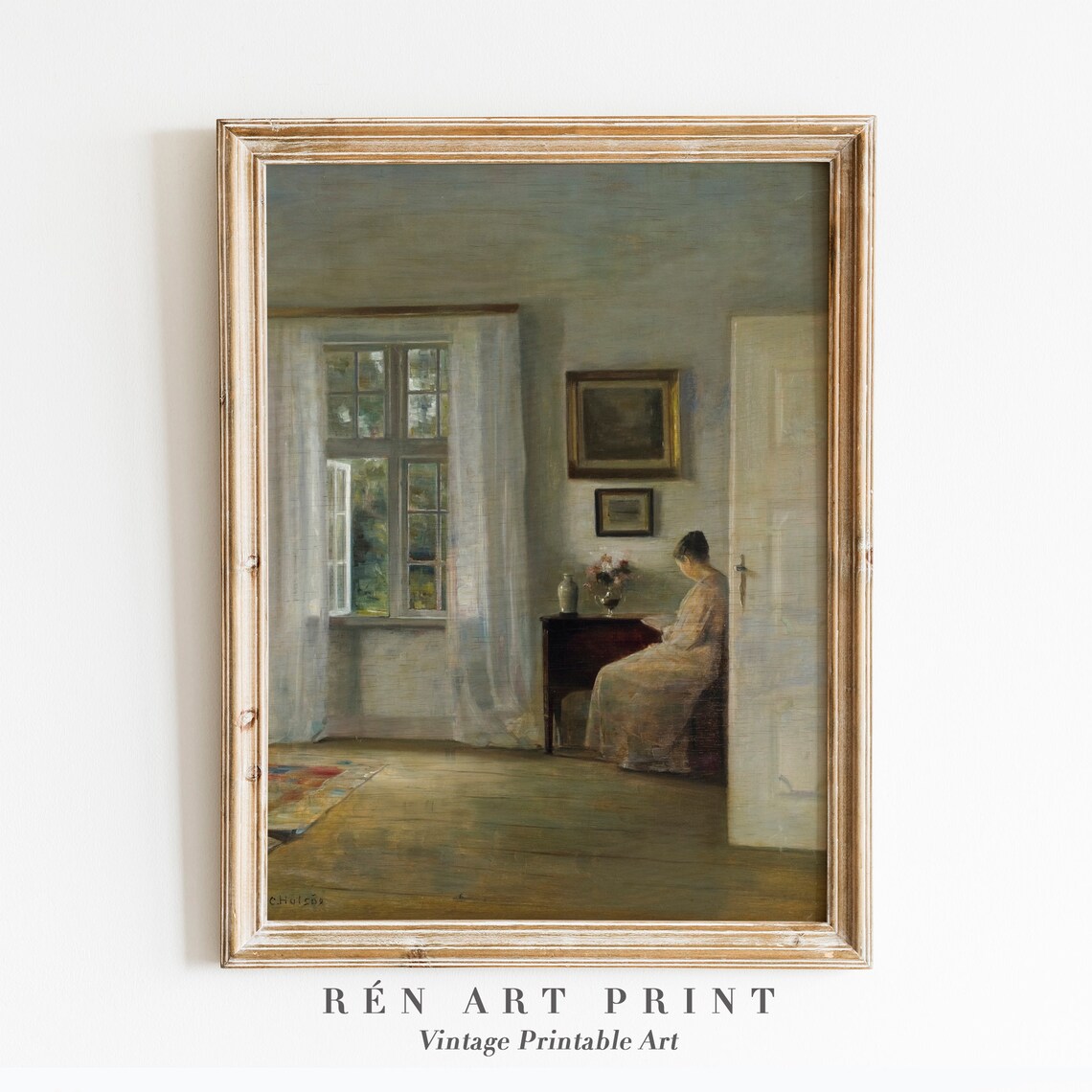 Woman Reading in Sunlit Interior Quiet Vintage Oil Painting Poster