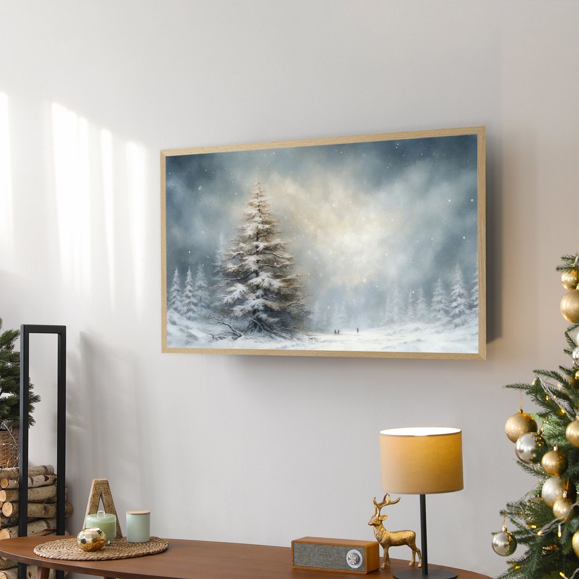 Dramatic Snowy Pine under Moody Night Sky Winter Frame TV Art Poster - Image 2