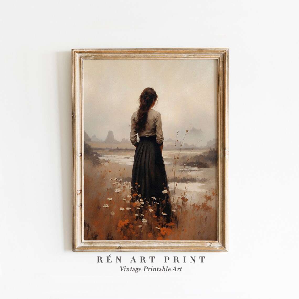 Woman In Autumn Meadow Vintage Dark Academia Wildflower Field Poster