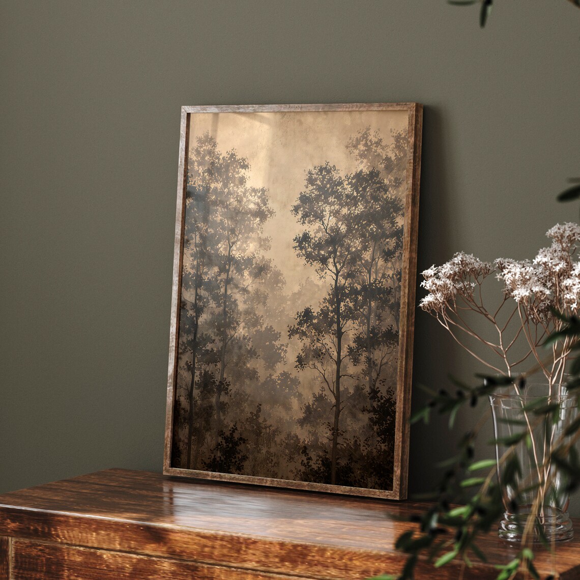 Misty Woods Landscape Art Print, Vintage Neutral Decor