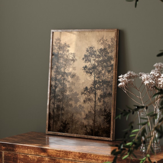 Misty Woods Landscape Art Print, Vintage Neutral Decor