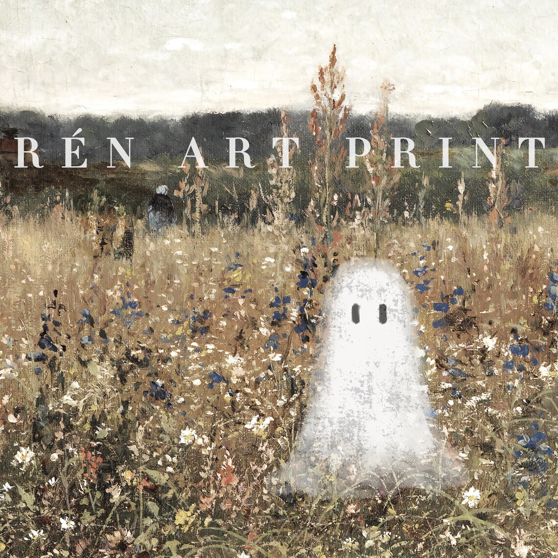 Cute Ghost On A Flower Meadow Vintage Halloween Art Print - Image 3