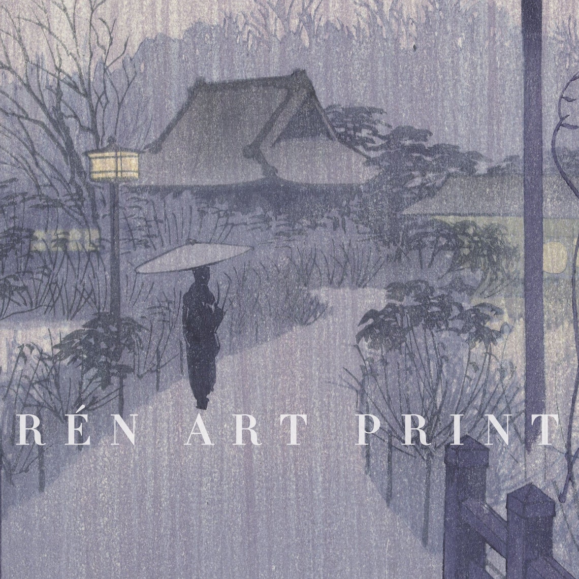 Japanese Woodblock Evening Rain Bridge Scene Lanterns Umbrella Print - Image 3
