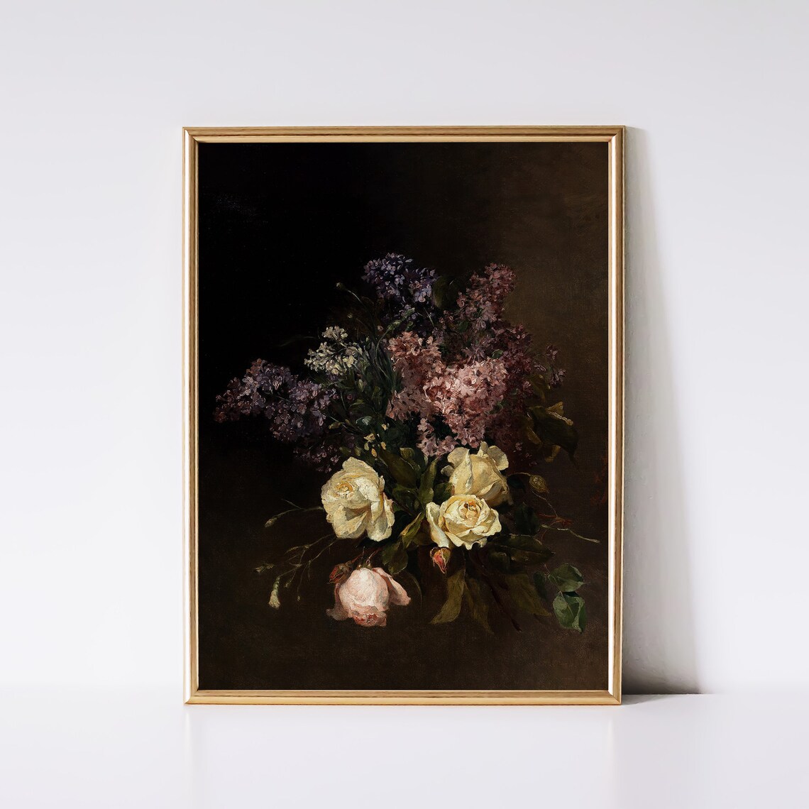 Dark Floral Bouquet Roses Lilacs Moody Still Life Vintage Wall Art - Image 2