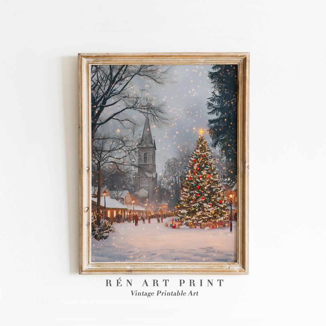 Snowy Christmas Town Square with Tree and Church Holiday Poster