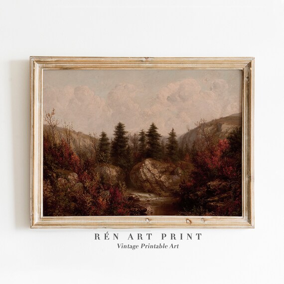 Autumn Mountain Gorge with Stream Fall Foliage Landscape Art Poster