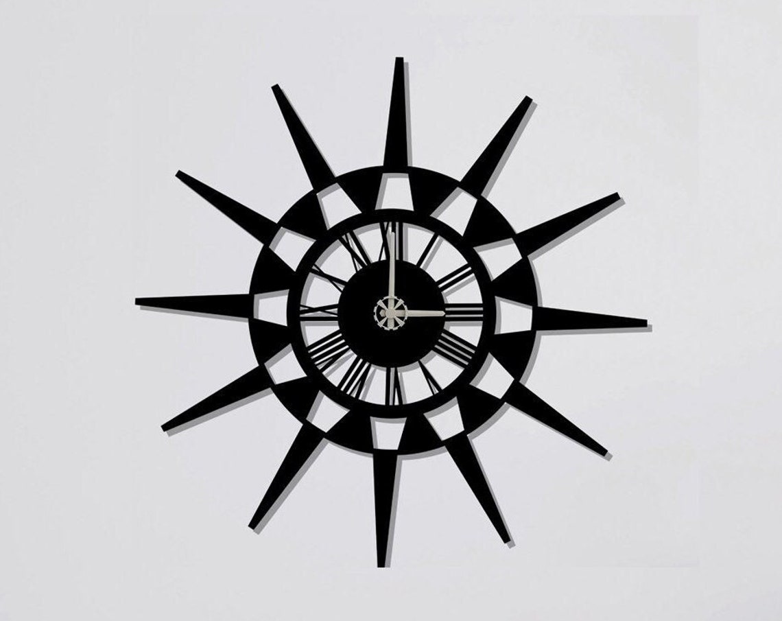 Compass Starburst Nautical Roman Numerals Round Black Metal Wall Clock