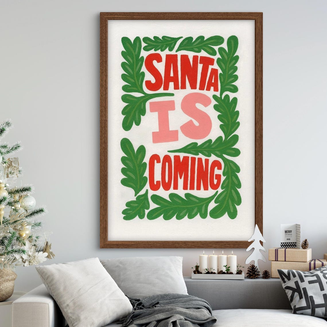Santa Is Coming Green Red Christmas Quote Holiday Festive Wall Art