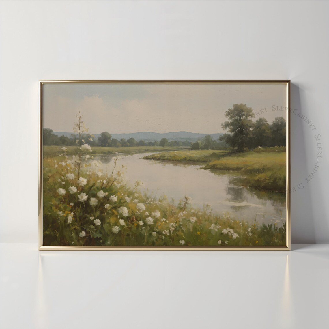 Riverside Wildflowers White Blossoms Pastoral Meadow Art Poster