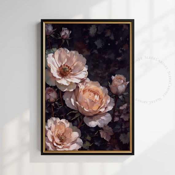 Moody Vintage Flower Print Dark Floral Still Life Oil Painting Dark Academia Wall Art Antique Art Fbhvt4