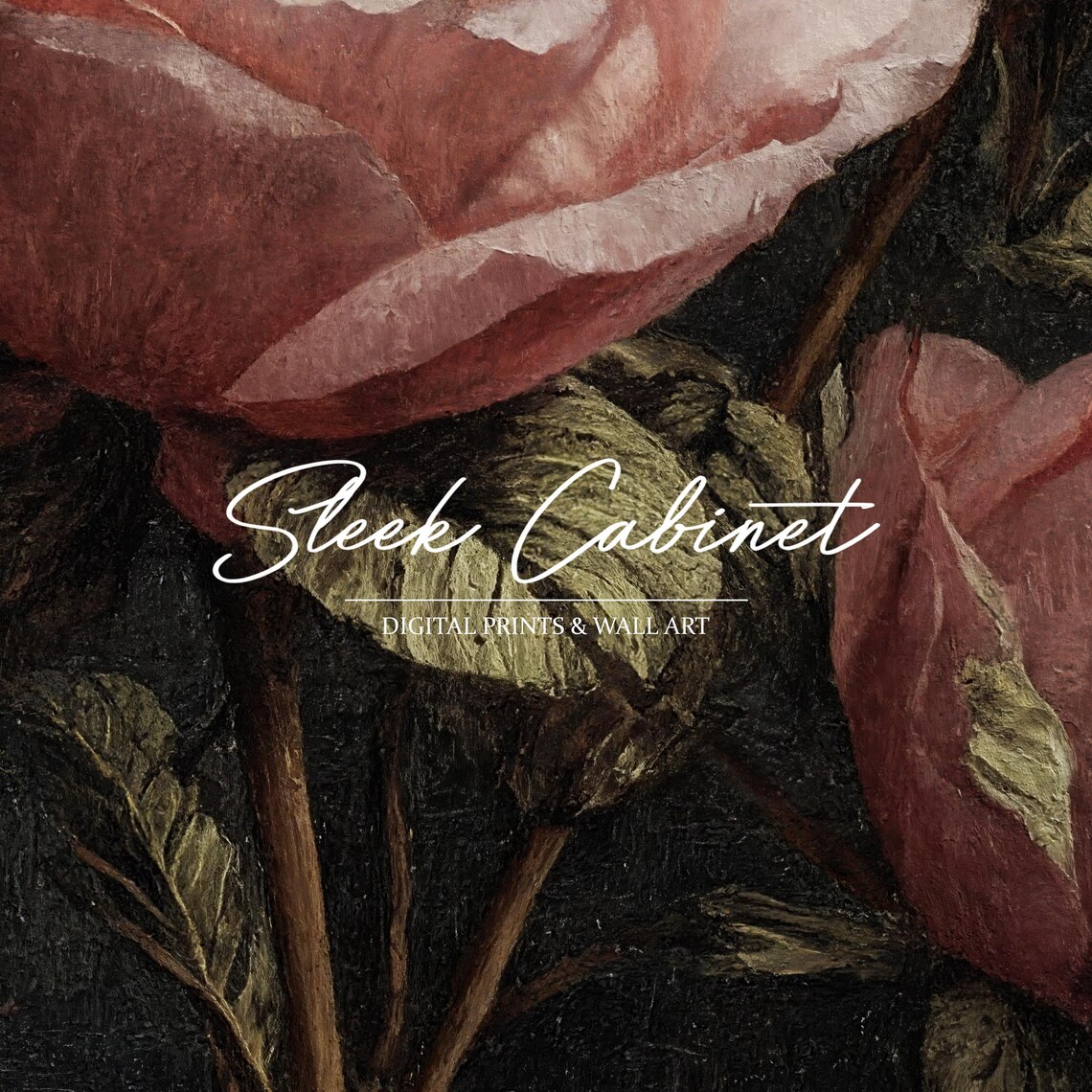 Pink Rose Stem with Buds Dark Background Moody Floral Poster - Image 3