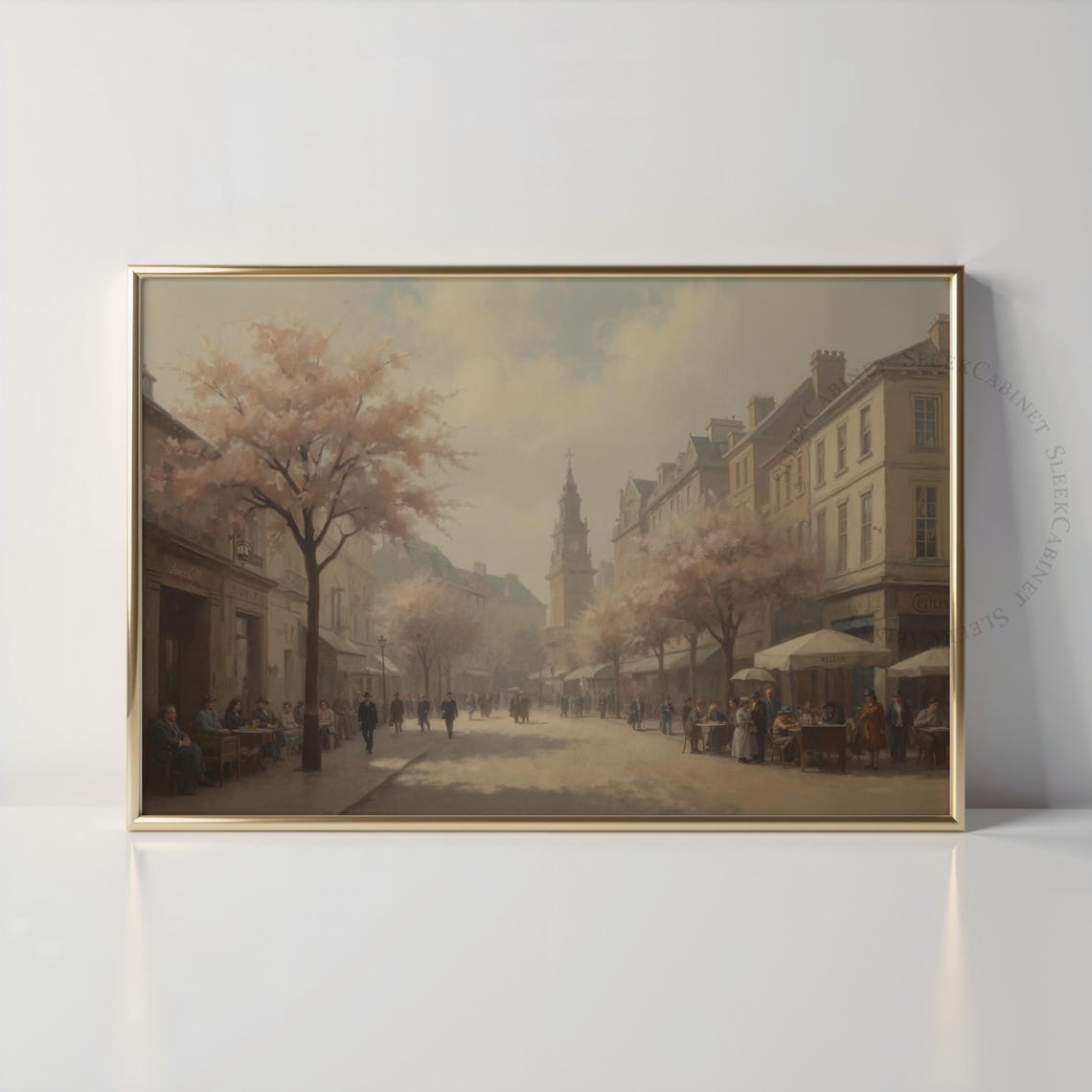 Paris Street Blossoming Trees Spring Cafe Vintage Art Poster
