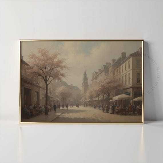 City Street Painting Blossoming Trees Vintage Oil Painting Home Decoration Wall Art Art For Print Art Begzk