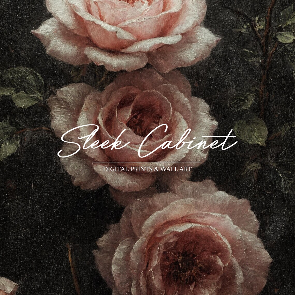 Three Pink Roses on Black Vintage Dark Floral Oil Painting Poster - Image 4