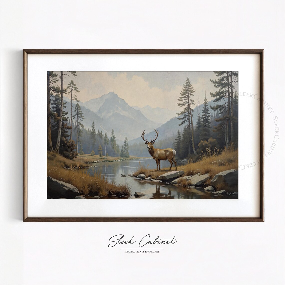 Majestic Stag Mountain Lake Pine Forest Vintage Wildlife Poster - Image 2