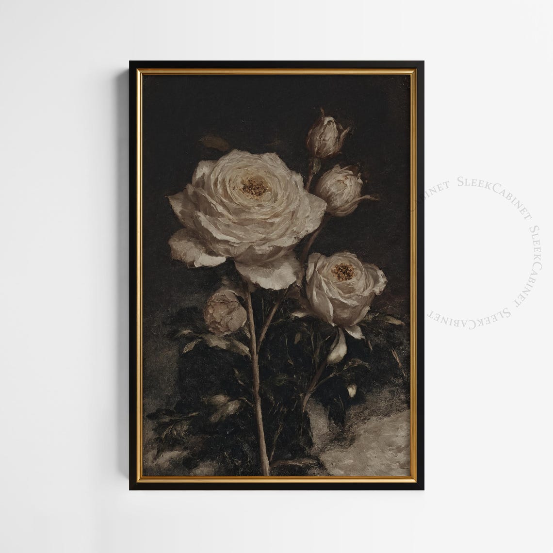Two Ivory Roses and Buds on Black Vintage Floral Still Life Print - Image 2