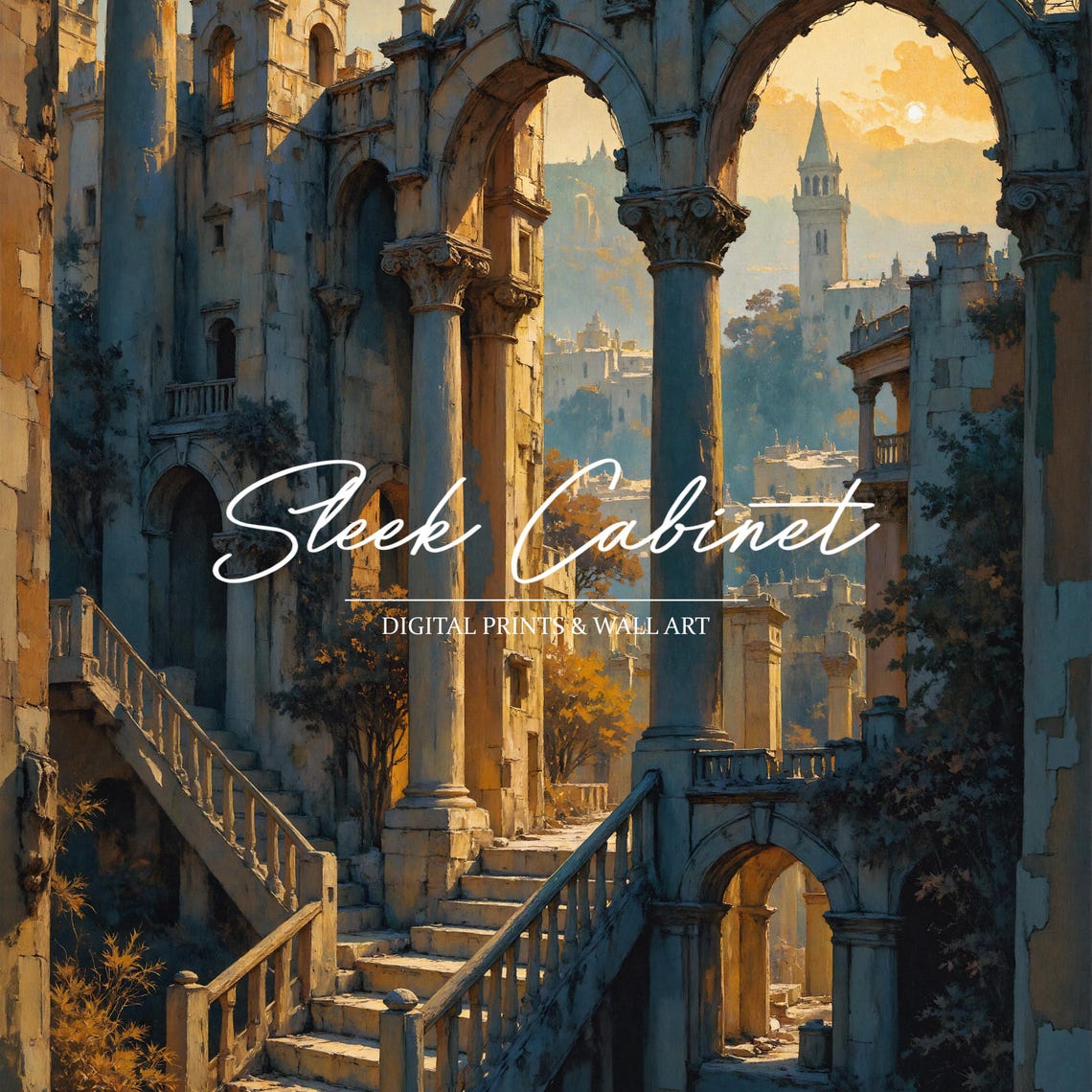 Gothic Medieval Castle Ruins Arches Golden Sunset Art Poster - Image 4