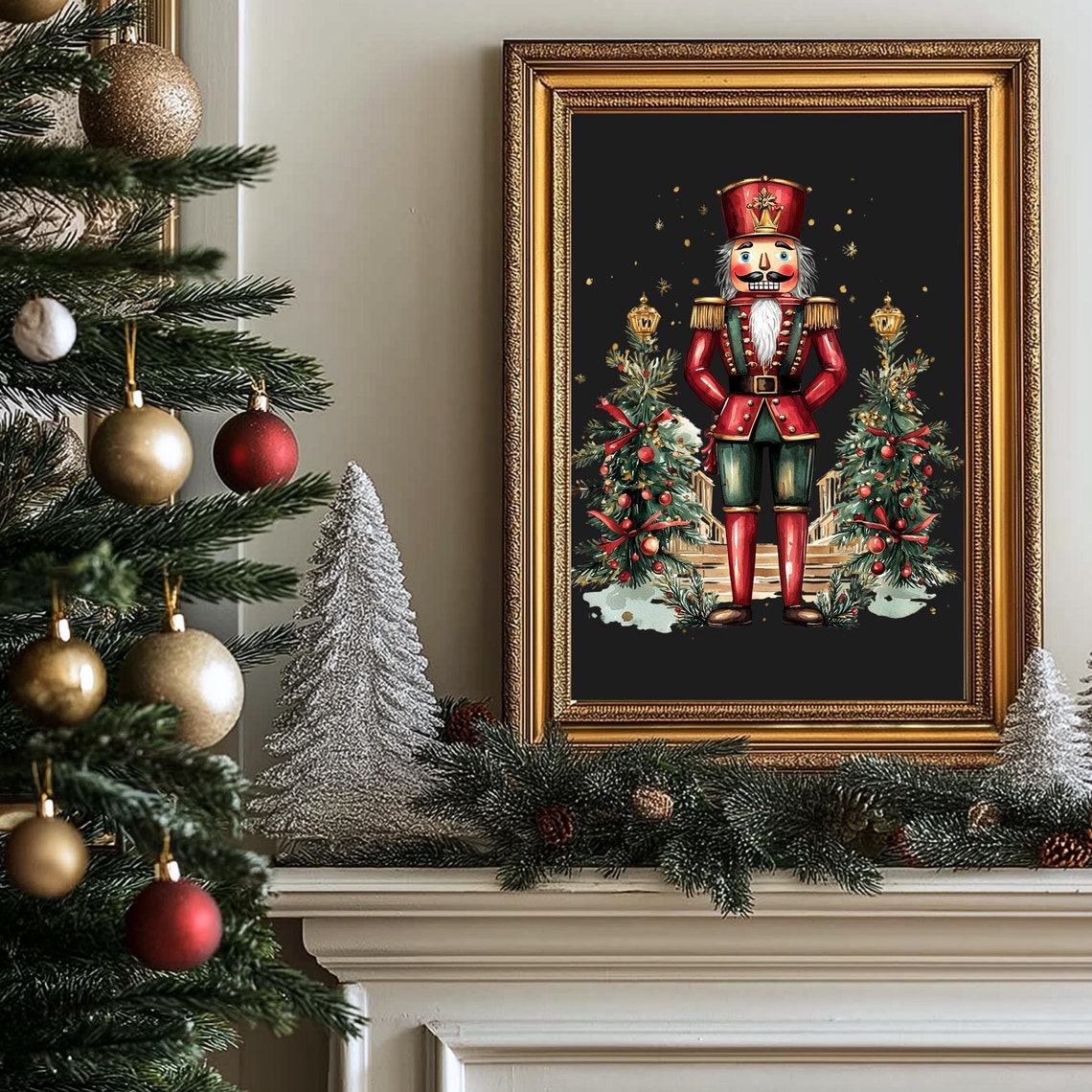 Nutcracker Soldier Christmas Trees Black Background Holiday Wall Art
