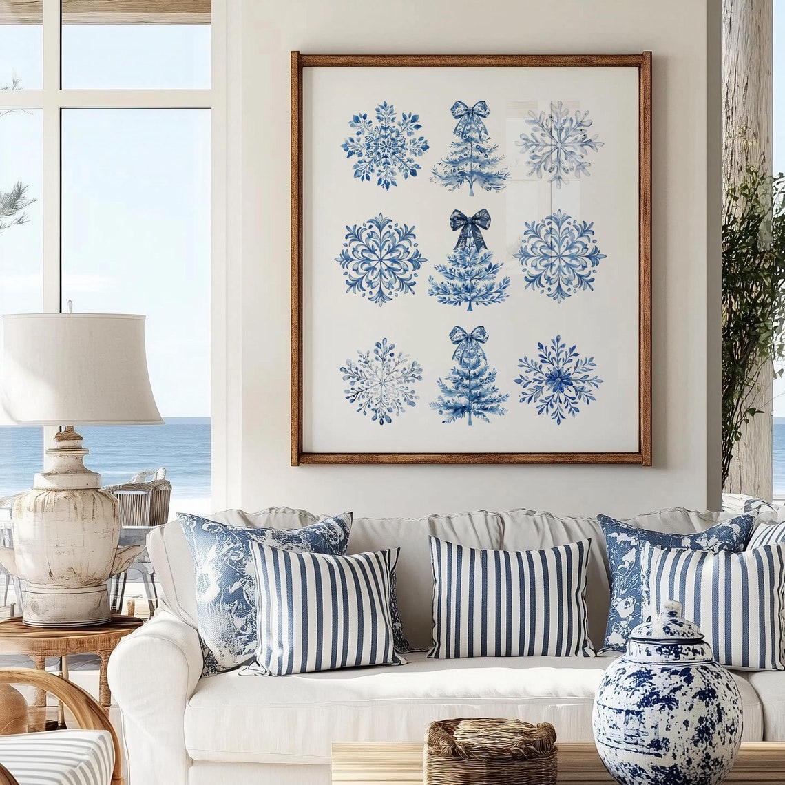 Blue White Chinoiserie Snowflakes Trees Pattern Christmas Print