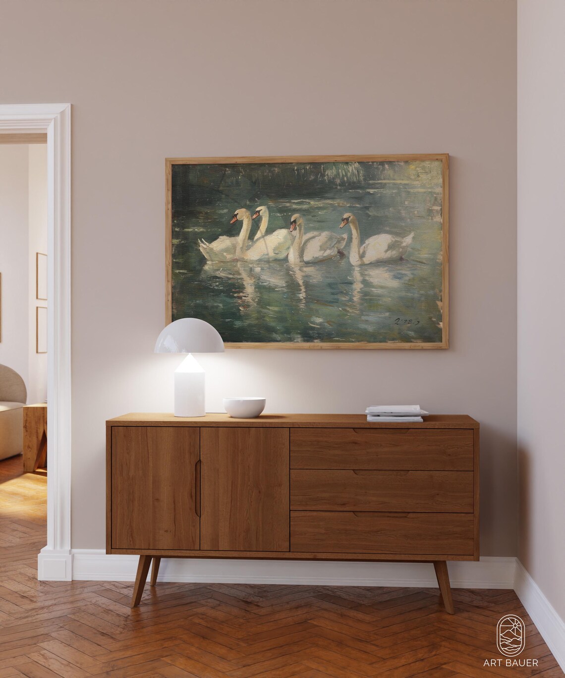 Elegant Swans Pond Scene Rustic Nature Art Print - Image 3