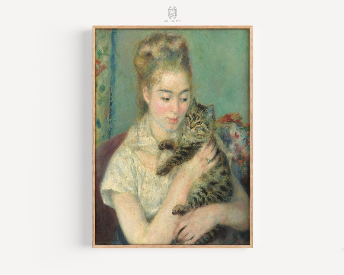 Auguste Renoir Woman With Cat Tabby Tender Portrait Feline Art Poster