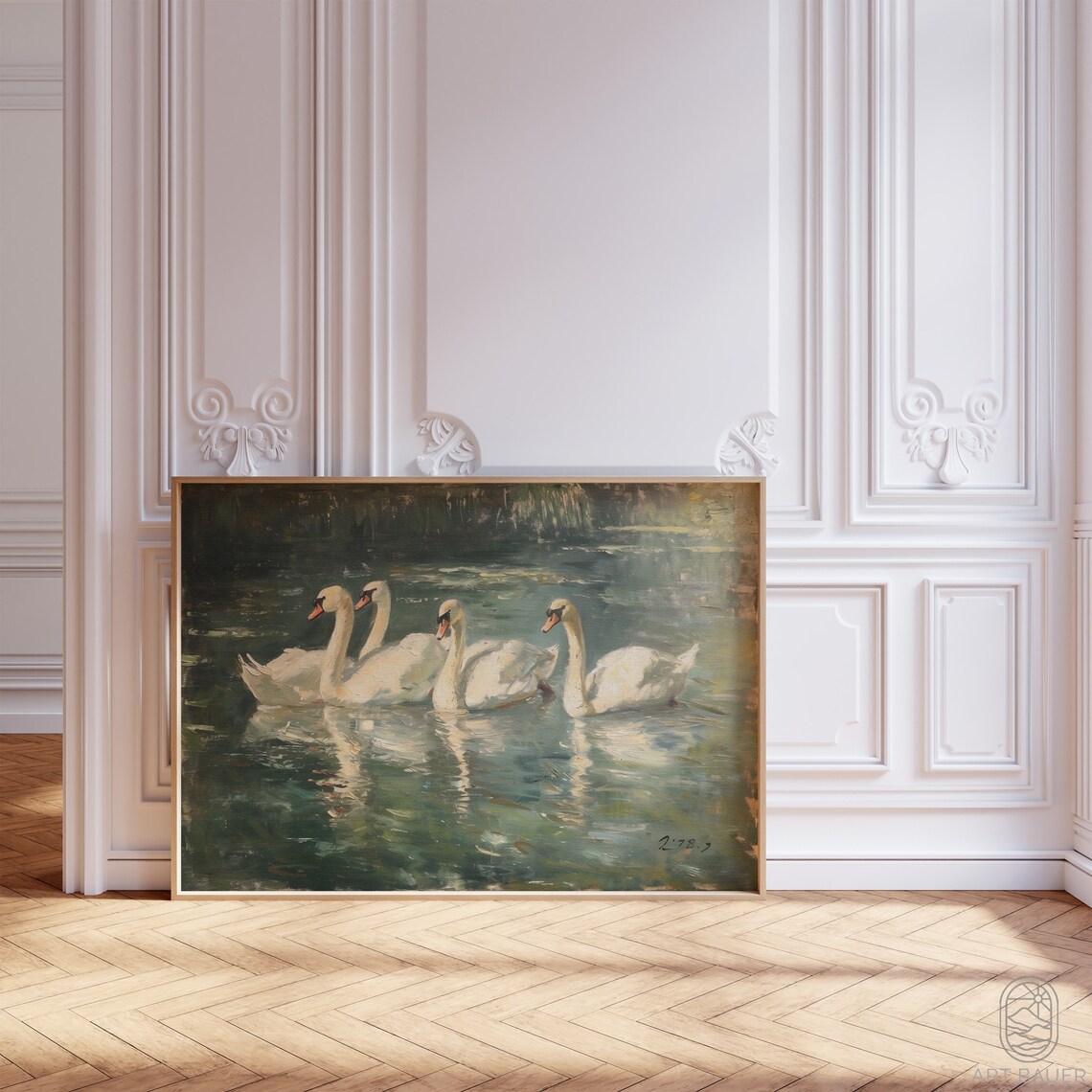 Elegant Swans Pond Scene Rustic Nature Art Print - Image 5
