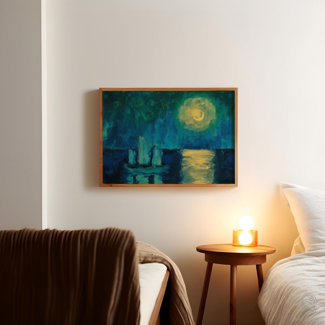 Nolde Moonlight Glowing Yellow Moon Blue Sea Boats Expressionist Print - Image 5