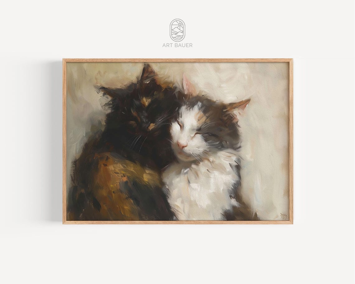 Two Cuddling Cats Impressionist Oil Painting Cute Cat Wall Art